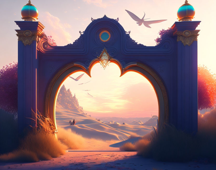 Intricate ornate gate in desert landscape at sunset