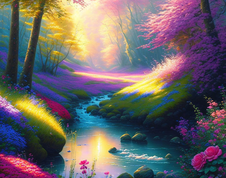 Colorful Forest Scene with Stream, Pink and Blue Flowers, Sunlight