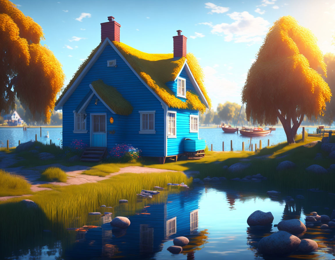 Quaint blue house with thatched roof by serene lake and lush trees