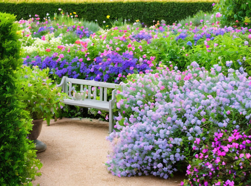 Tranquil garden path with vibrant flowers and white bench