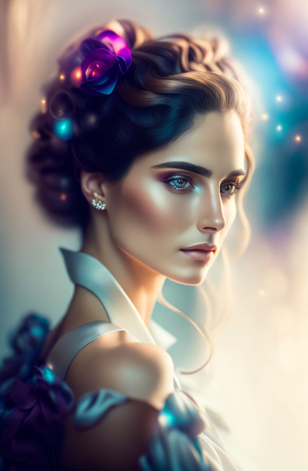 Detailed digital portrait of woman with luminous skin and violet hair accessories