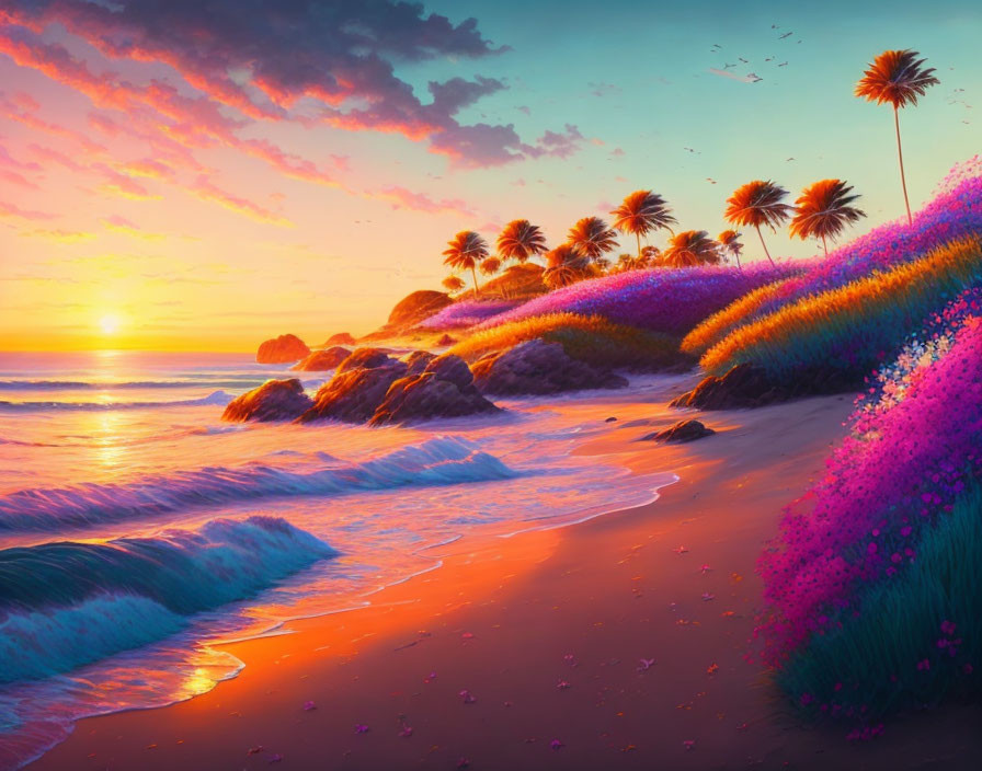 Colorful Beach Sunset with Palm Trees and Flowers