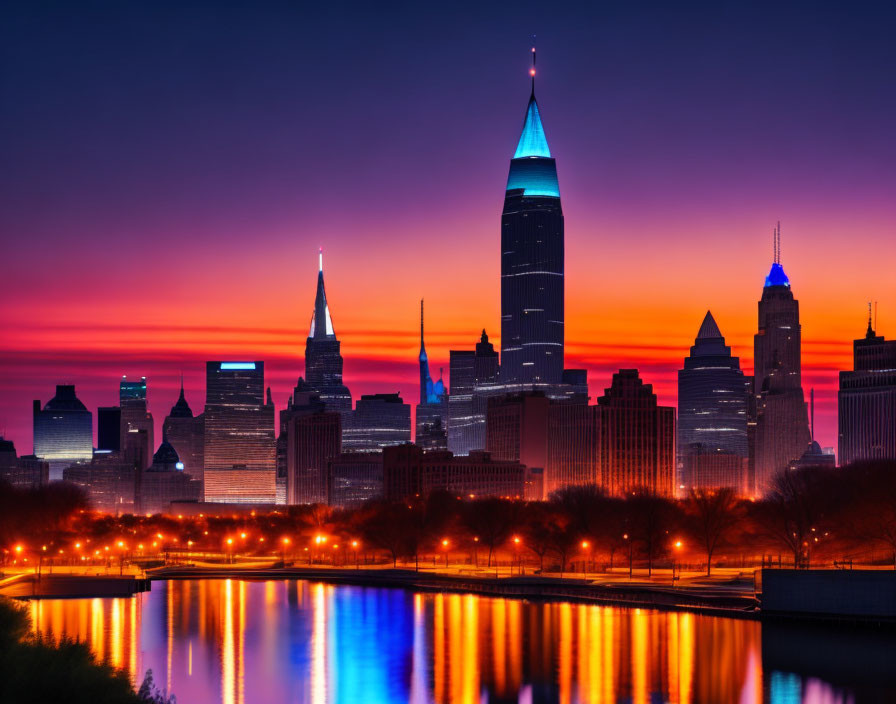 City skyline at twilight: vibrant orange sky to blue, illuminated buildings reflecting on calm water.