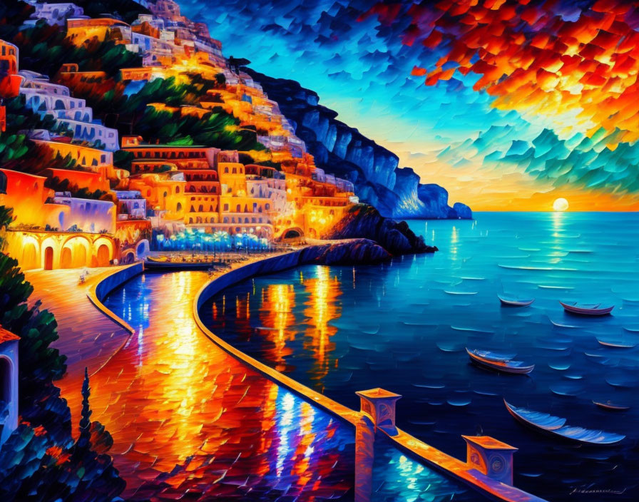 Vibrant coastal village sunset painting with lit buildings and boats