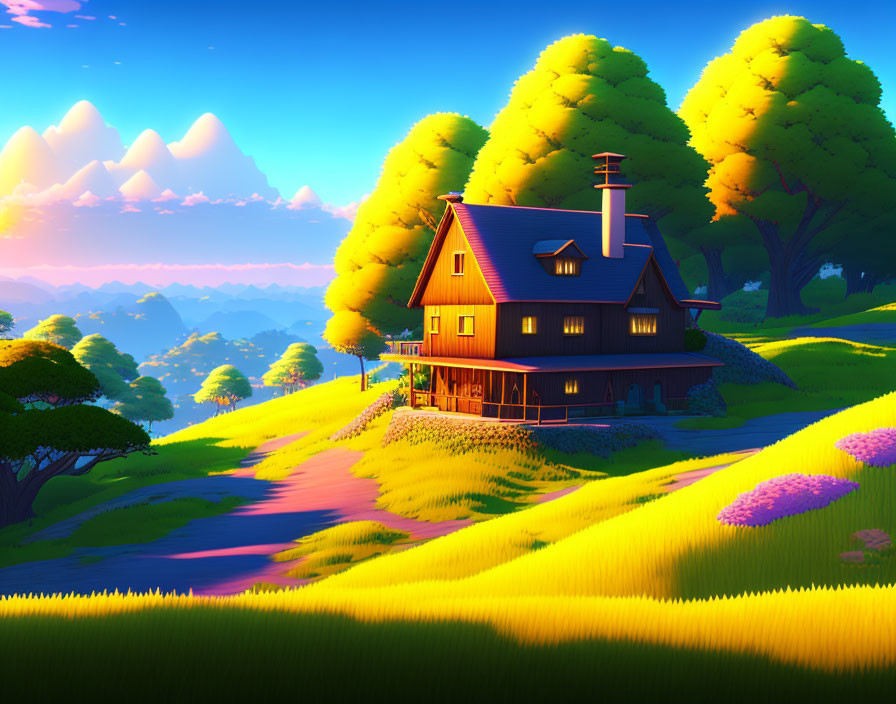 Scenic countryside home illustration at sunset