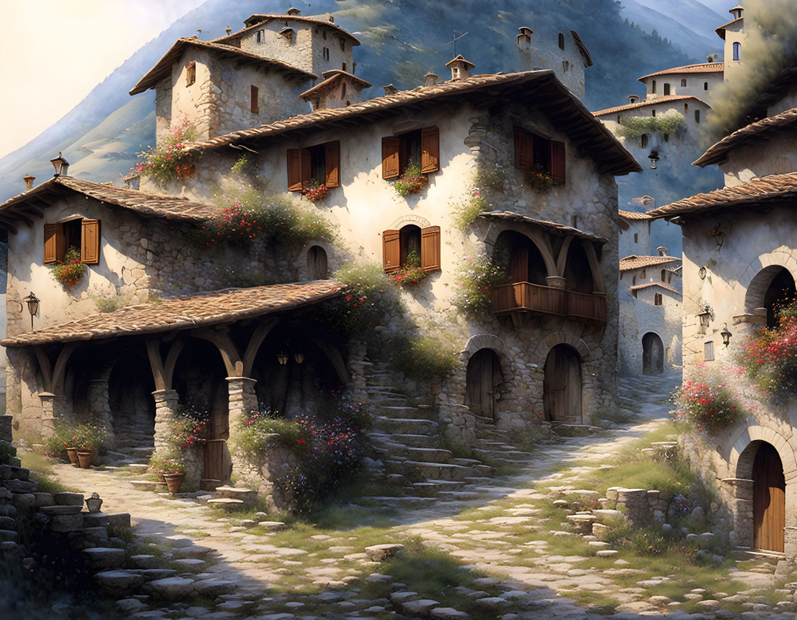 Picturesque mountain village with stone houses, wooden balconies, and flower-adorned streets