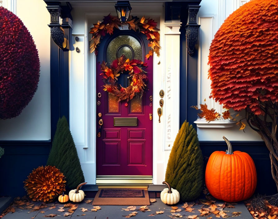 Purple door, pumpkins, and fall decor on front porch