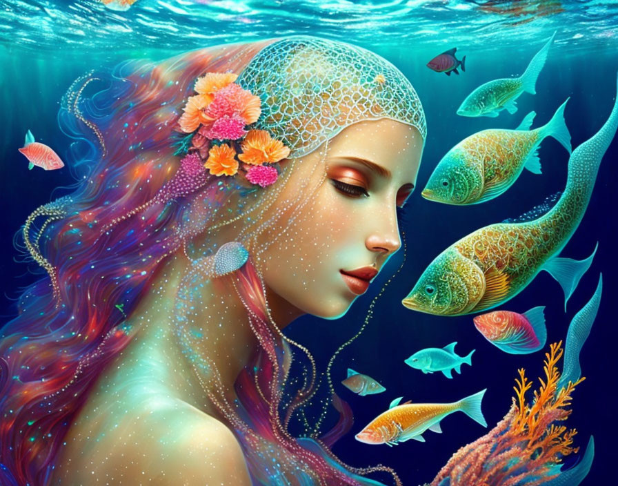 Vibrant mermaid with flower-adorned hair in colorful underwater scene.