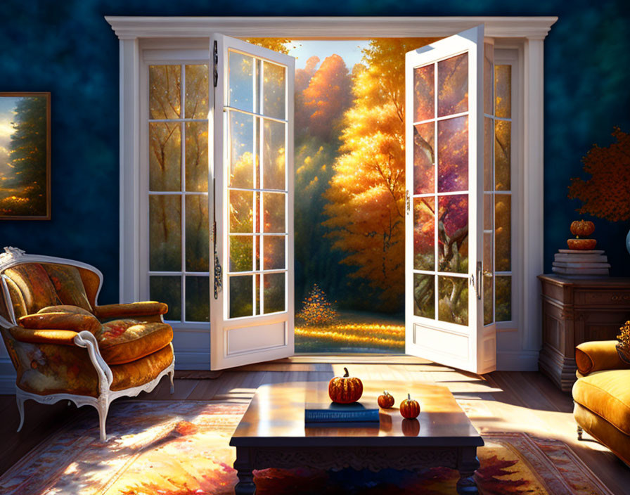 Inviting Room with Open French Doors and Autumnal Decor