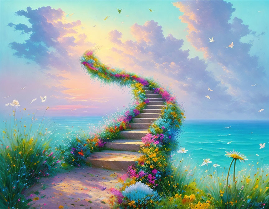 Colorful painting of magical stairway in sky with flowers, butterflies, birds, and ocean sunset.