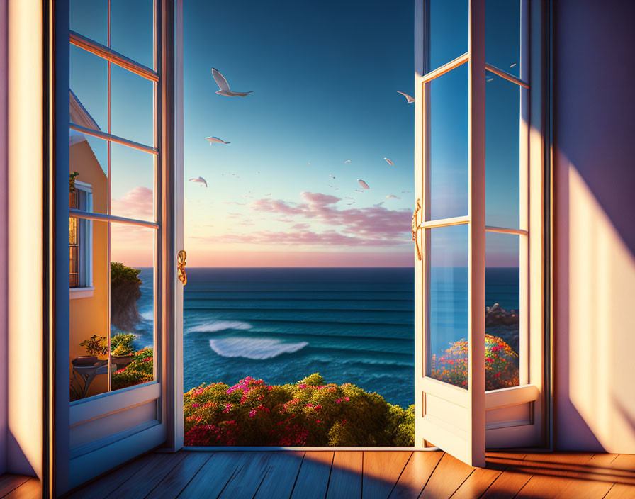 French windows showcasing serene ocean view at sunset with flowering plants and distant seagulls