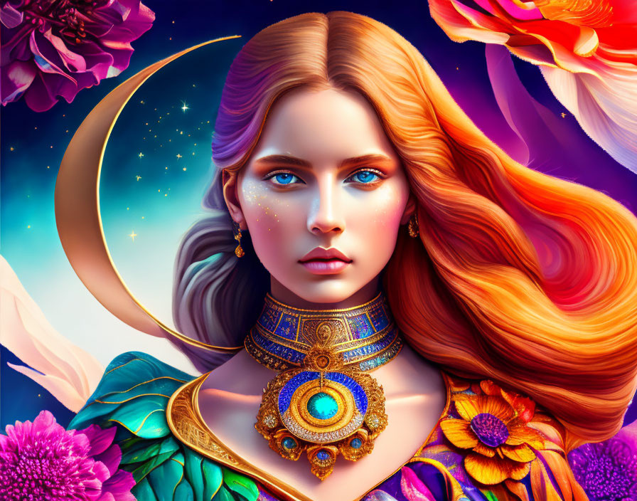 Detailed artwork of woman with red hair, blue eyes, and ornate jewelry in cosmic setting.