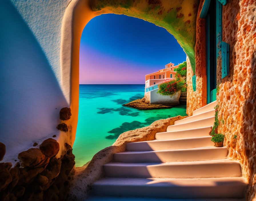 Arched passageway overlooking white steps and blue sea at dusk