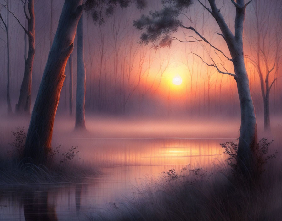 Tranquil Pond in Misty Forest with Sunlight Piercing Through