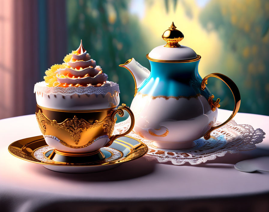 Gold-trimmed teapot and cup with whipped dessert in soft light