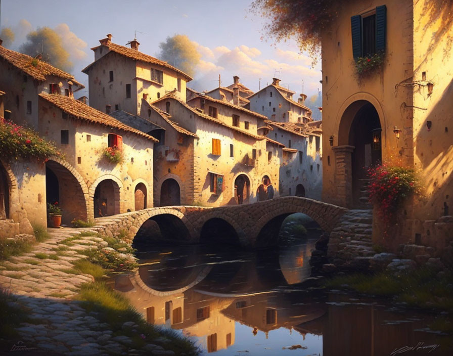 Sunlit Medieval Village with Stone Houses, Cobblestone Bridge, and Vibrant Flowers