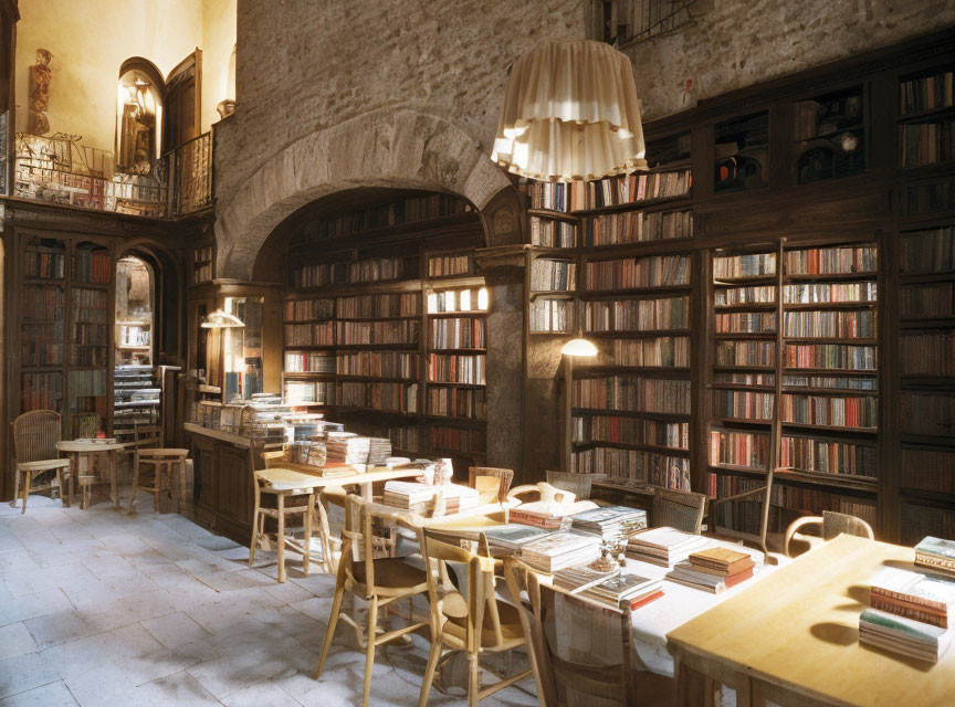 Vintage library with wooden furniture, bookshelves, and hanging lamp