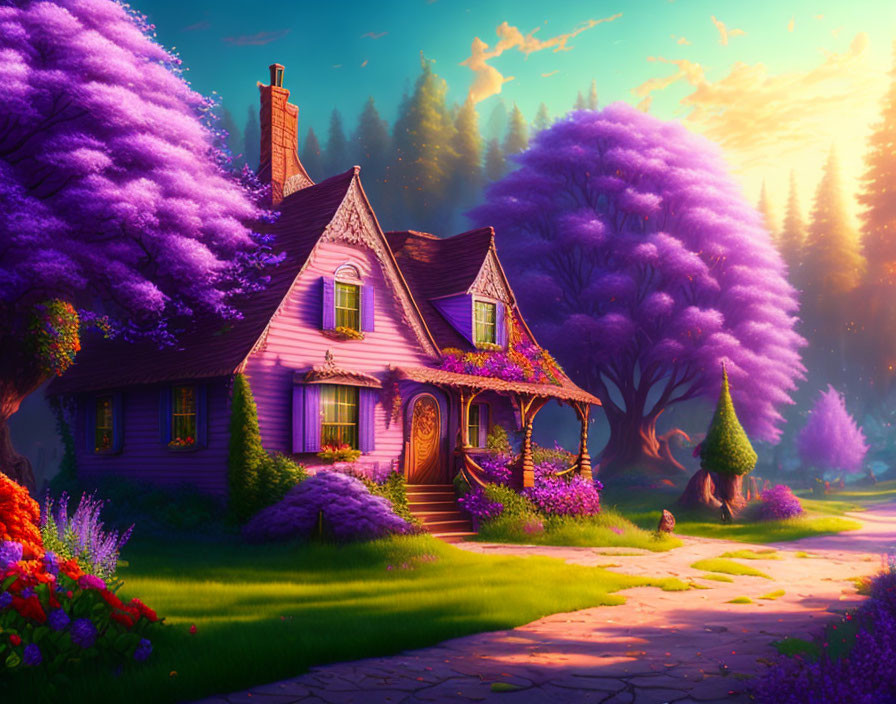 Purple Trees and Flowers Surround Quaint Cottage at Sunset