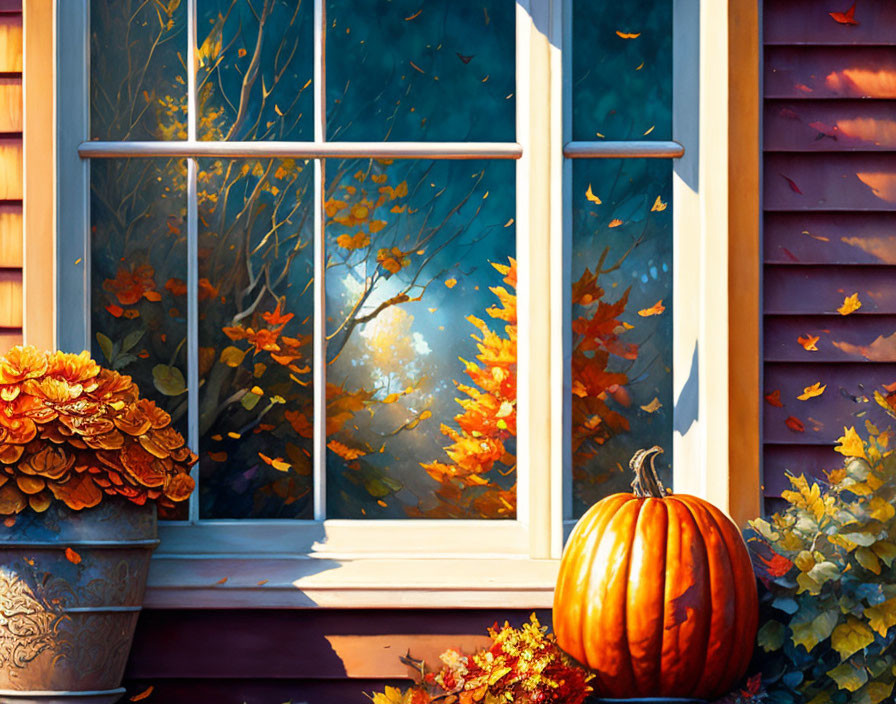 Colorful autumn still life with pumpkin, flowerpot, leaves, and sunny window.