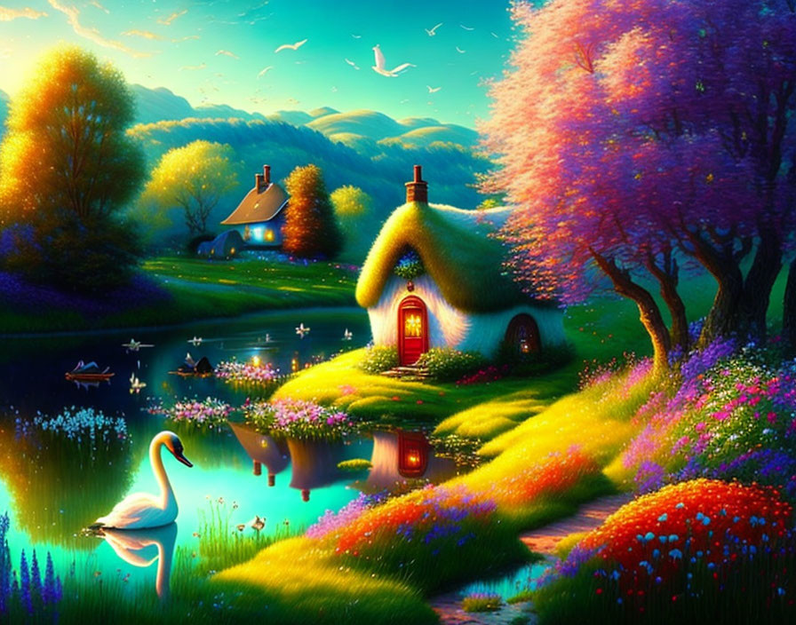 Tranquil landscape with thatched cottage, pond, flowers, trees, swans, and glowing