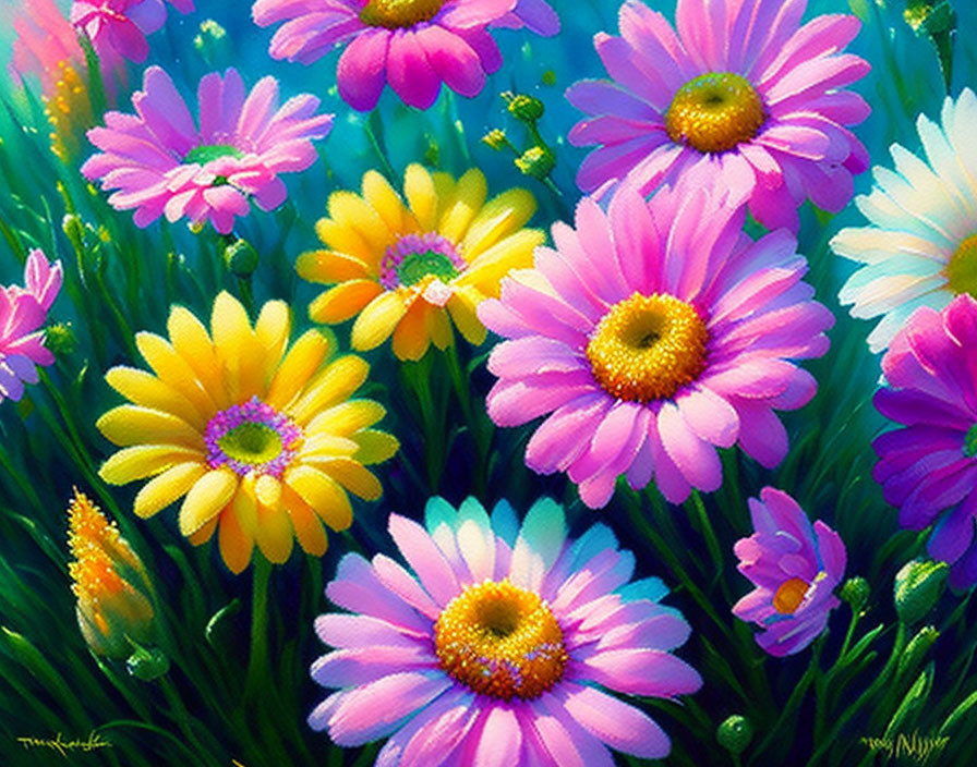 Colorful daisy field painting with pink, yellow, and purple petals in sunlight.