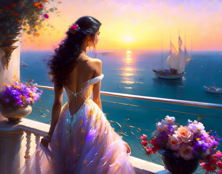 Woman in flowing gown admires sunset over sea with ships from flowered balcony