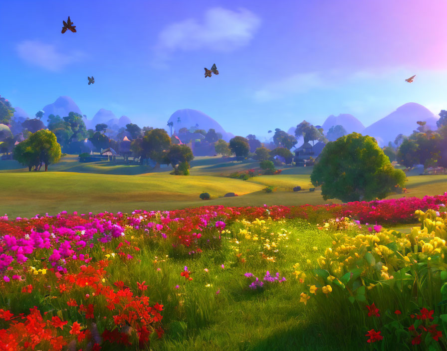 Colorful wildflowers in lush meadow with distant mountains, village, and butterflies under blue sky