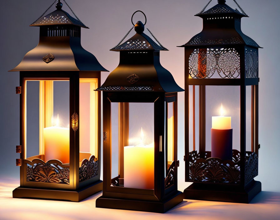 Three ornate candle lanterns with lit candles and intricate metal designs.