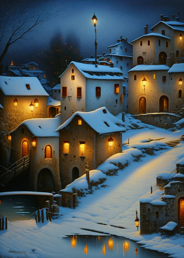 Snow-covered village at dusk with glowing windows and canal reflection