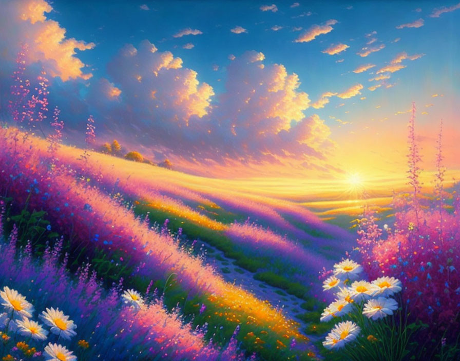 Colorful sunset flower field painting with vibrant sky and fluffy clouds