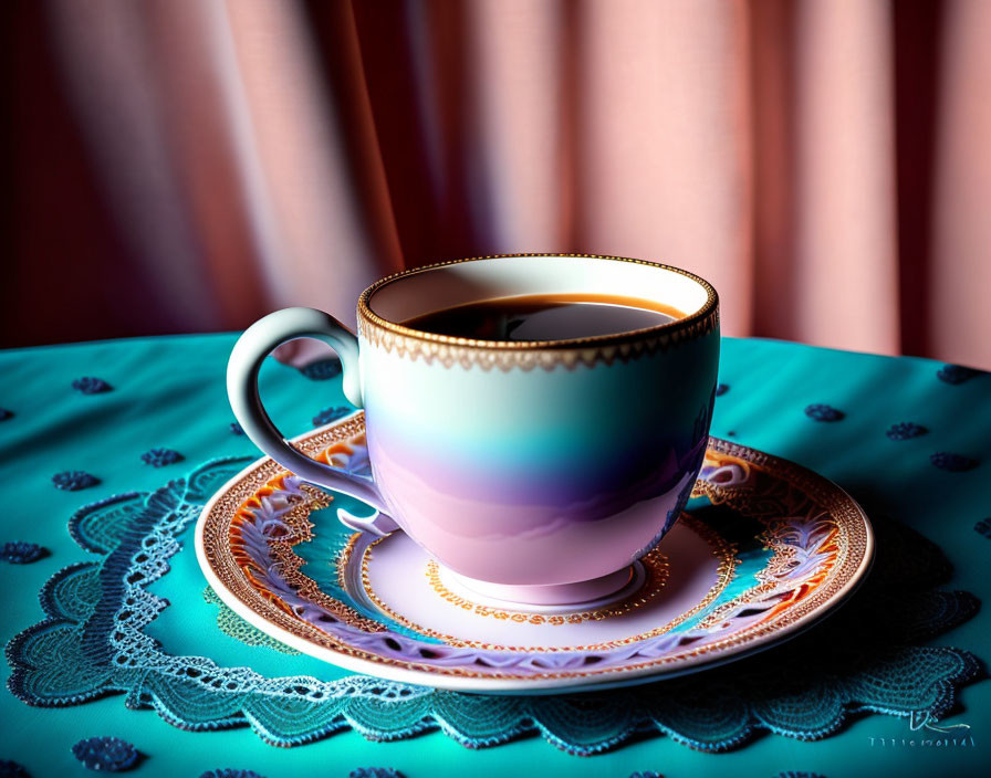 Elegant porcelain cup with coffee on blue lace table