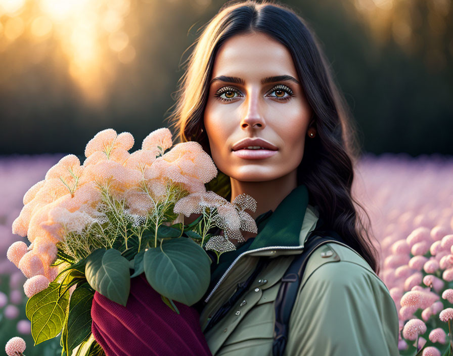 Woman with Striking Eyes Holding Bouquet in Sunset Field