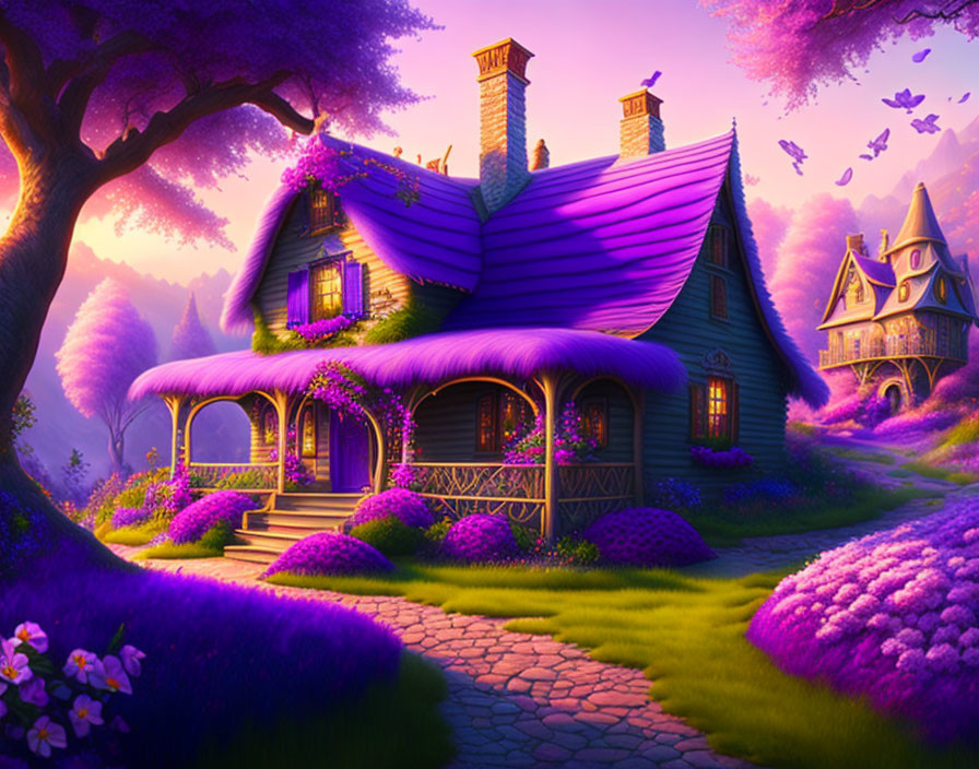 Fairytale cottage with purple roof in twilight garden