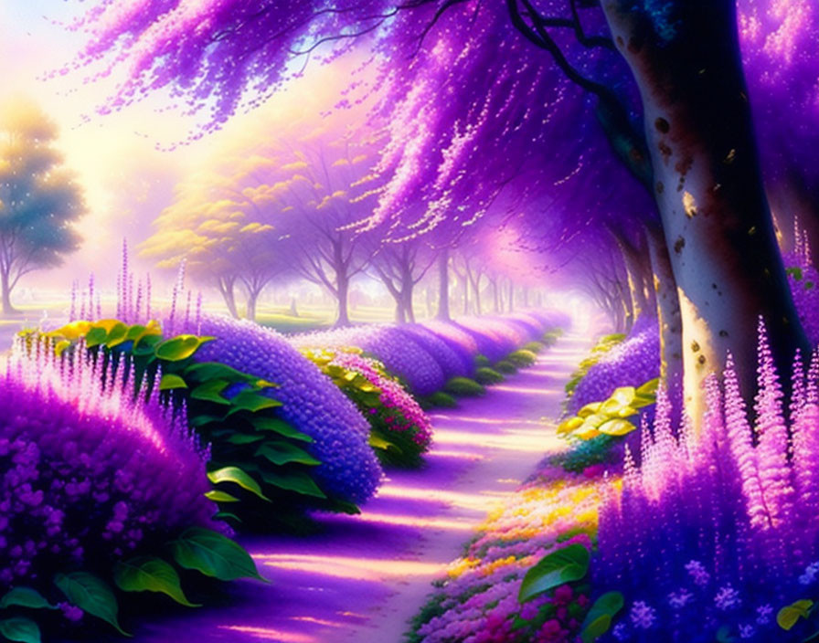 Lush Purple Tree-Lined Fantasy Path Under Sunlight