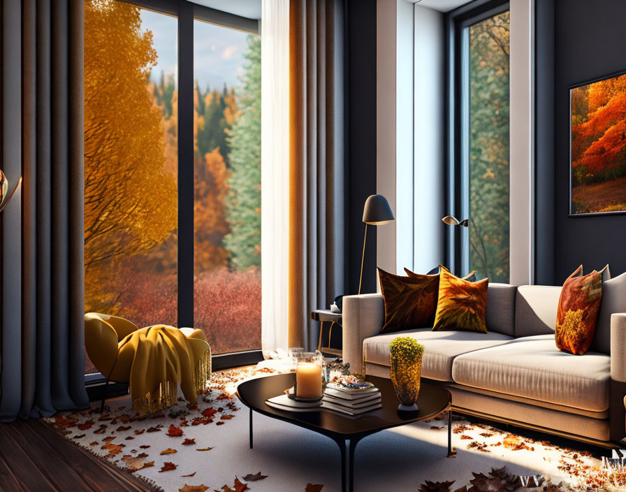 Autumn-themed living room with forest view, cozy sofa, coffee table, and scattered leaves.