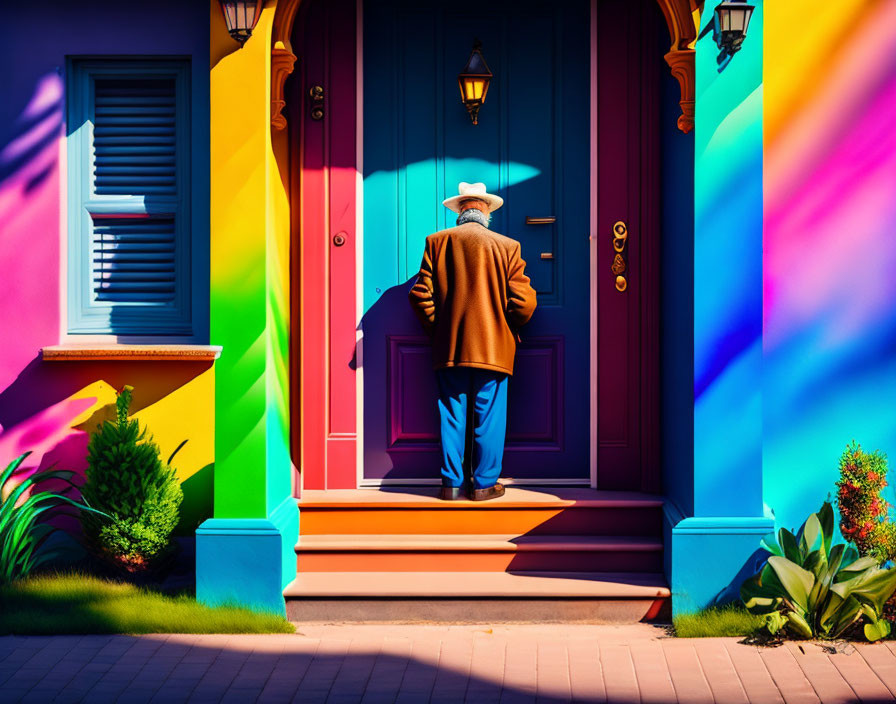 Person in Hat and Suit Standing in Front of Vibrant Multicolored House Facade