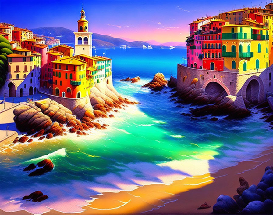 Colorful Coastal Scene: Bell Tower, Turquoise Sea, Rocky Shores at Sunset