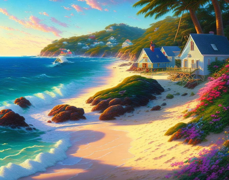 Tranquil beach scene with cottages, lush greenery, rocks, blooming flowers, sunset