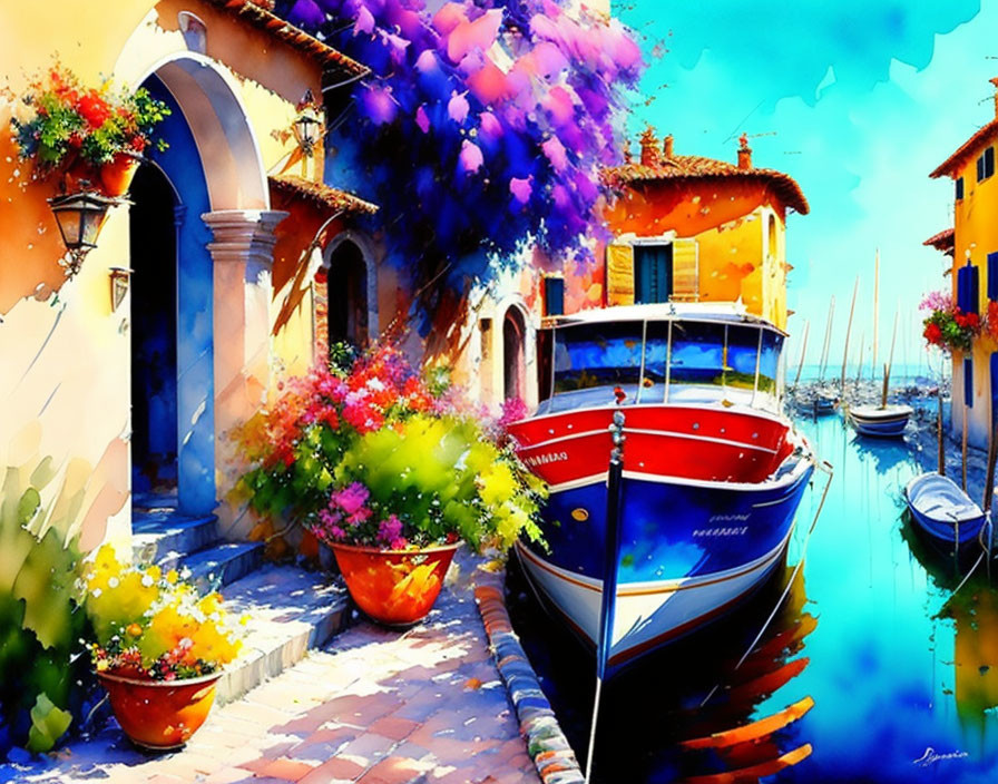 Colorful Coastal Watercolor with Boat and Mediterranean Buildings