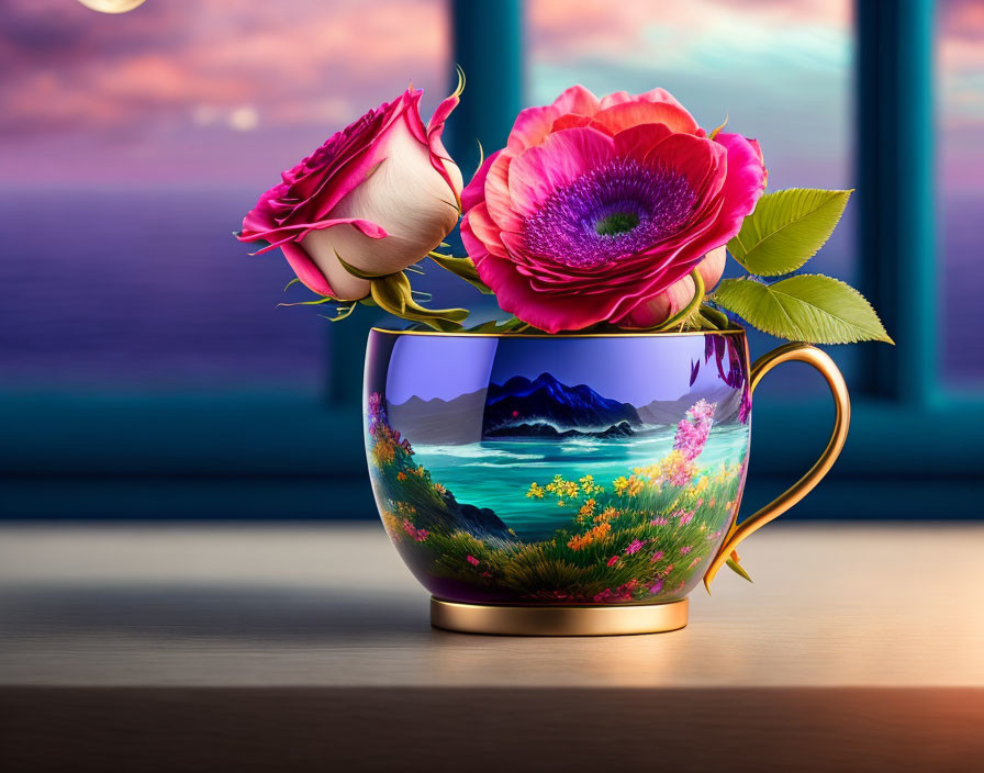 Colorful Teacup with Painted Landscape and Flowers by Sunset Ocean View