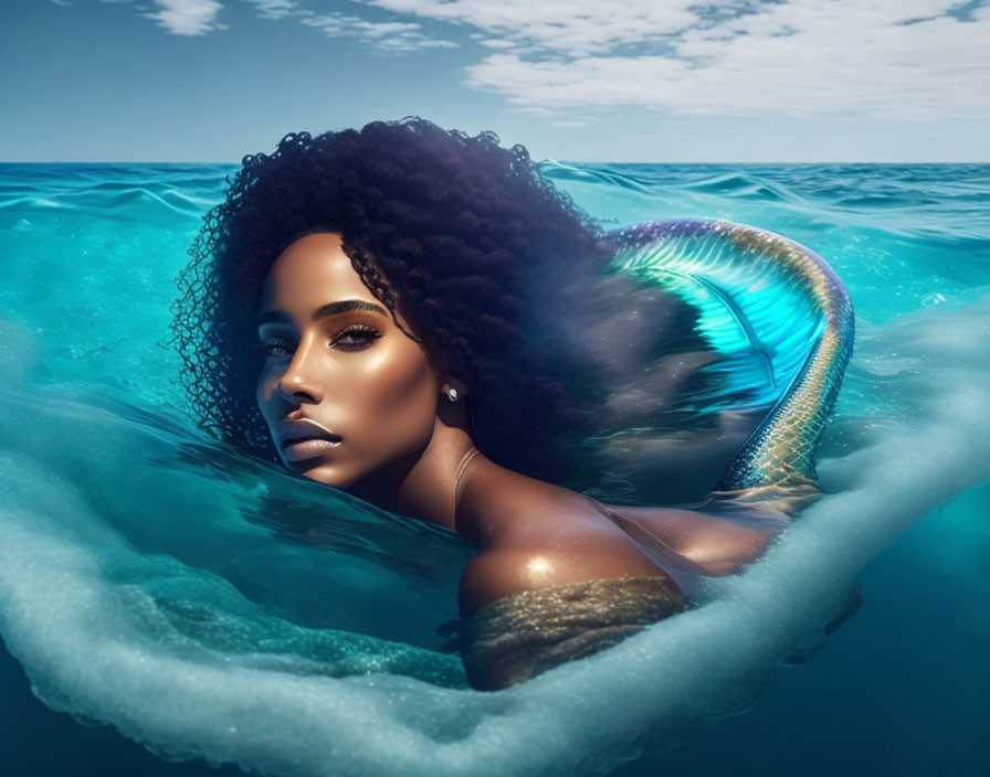 Dark Curly-Haired Mermaid with Golden Skin in Tranquil Ocean