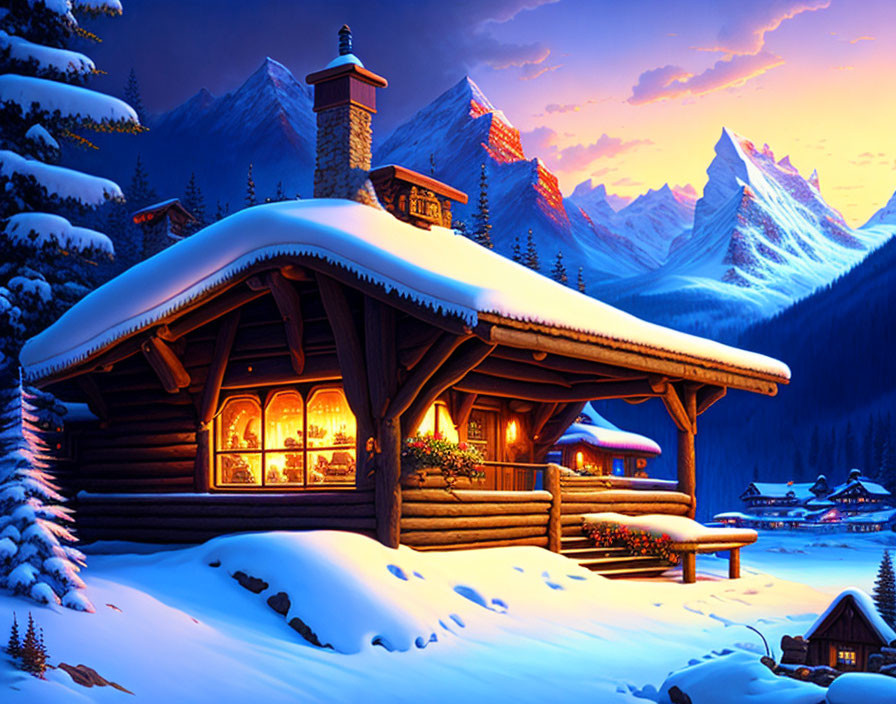 Snow-covered log cabin in twilight with warm light, snowy mountains, and starry sky