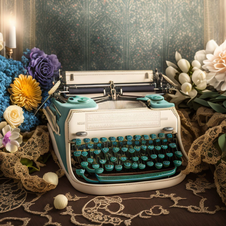 Vintage Turquoise Typewriter with Colorful Flowers on Lace Table