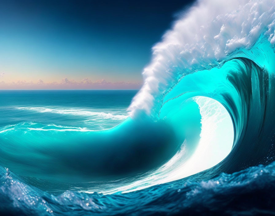 Beautiful Vibrant Blue Wave Curling Against Clear Sky at Sunrise or Sunset