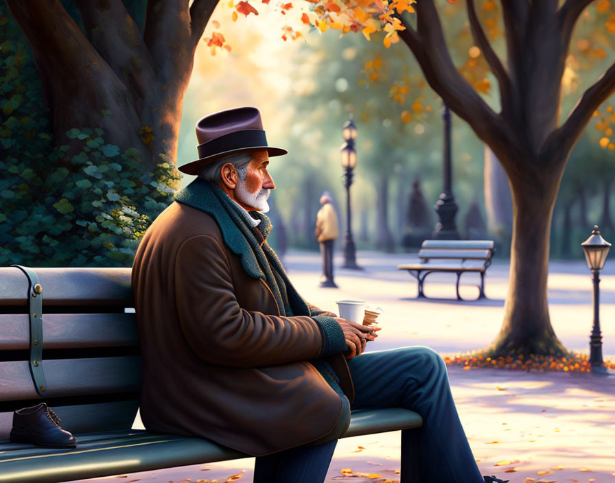 Elderly man in hat and coat with coffee cup in park surrounded by autumn foliage