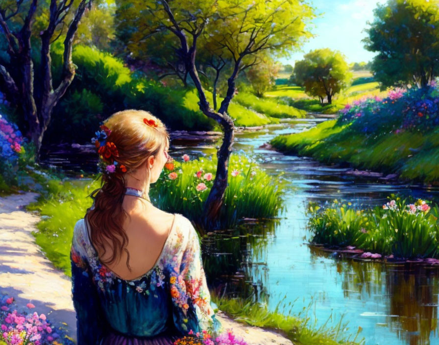 Woman with flowers in hair by serene river and lush greenery