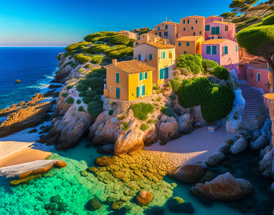 Pastel-colored coastal houses on rocky cliffs by serene blue sea