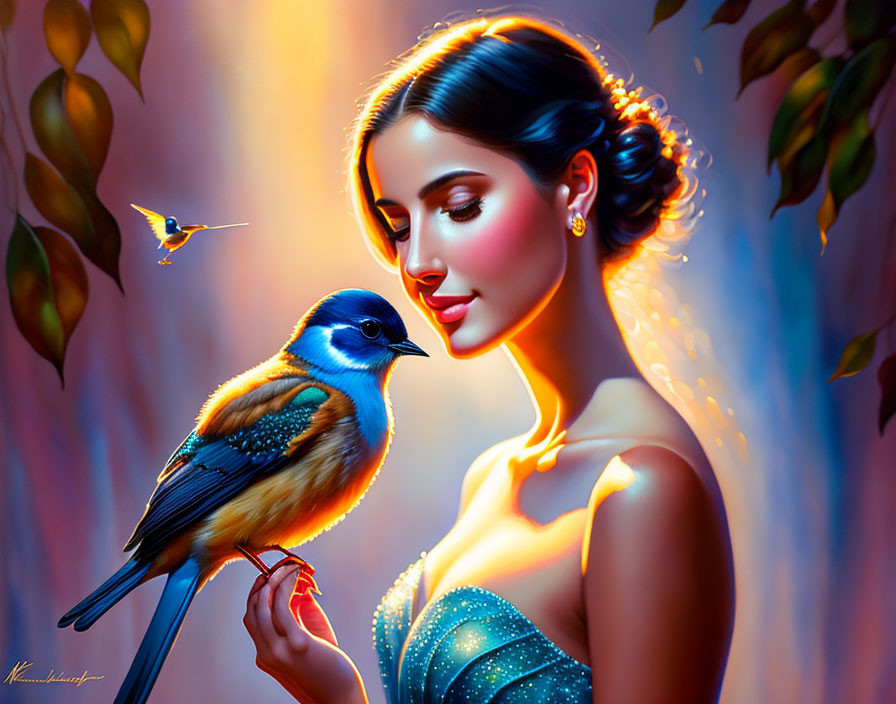 Elegant woman with radiant hairstyle and colorful bird in soft light