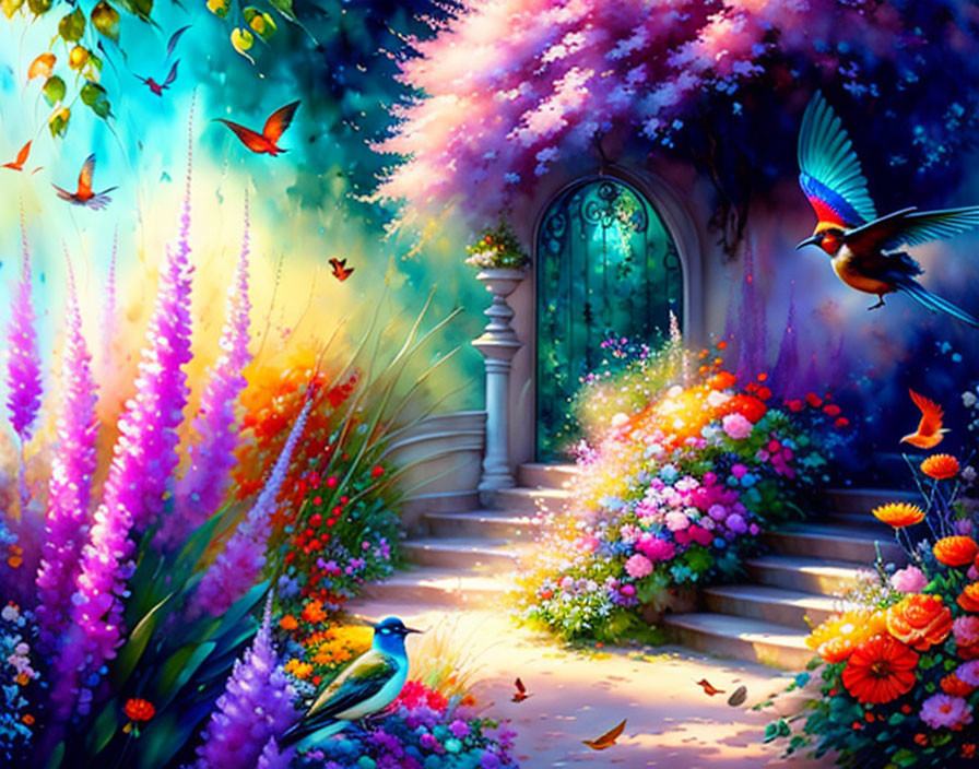 Colorful garden path with flowers, butterflies, birds, and ornate gate embraced by pink tree