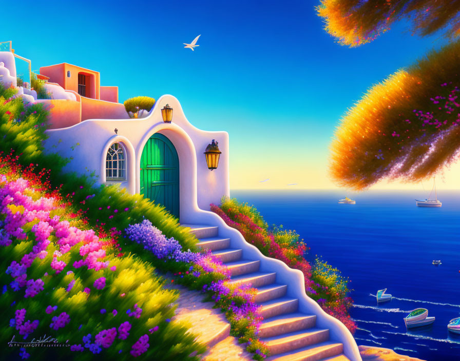 Coastal sunset scene with flower-lined stairway and white house overlooking serene sea.